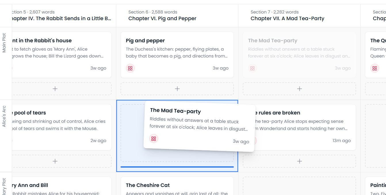 Moving a card in the Novlr planning tool from one chapter and arc to another